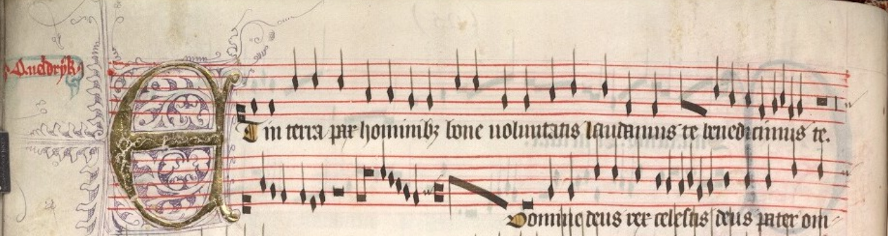 First two Triplex I lines of the Gloria by Queldryck from the Old Hall Manuscript